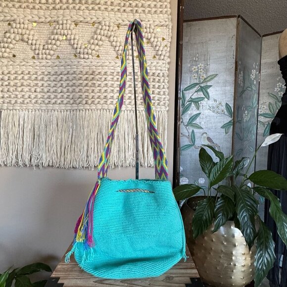 Wayuu Mochilla Teal Multi Color Woven Shoulder Soft Large Tassel Tie Bucket Bag - Picture 7 of 14